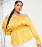 River Island Plus Satin Shirred Waist Bardot Blouse In Orange