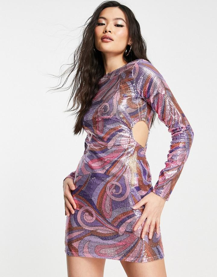 Asos Design Long Sleeve Cut Out Mini Dress In Retro Pink Sequin
