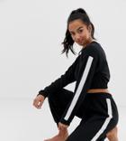 Asos Design Petite Lounge Crop Sweat & Jogger Set With Side Stripe-black