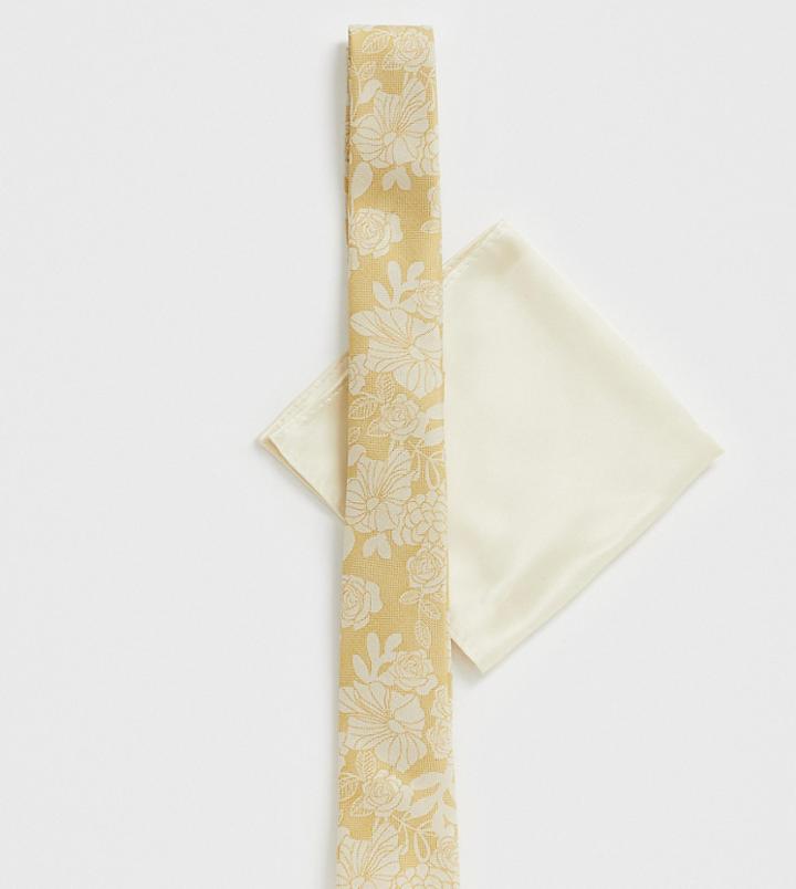 Asos Design Wedding Slim Tie & Pocket Square In Yellow Floral