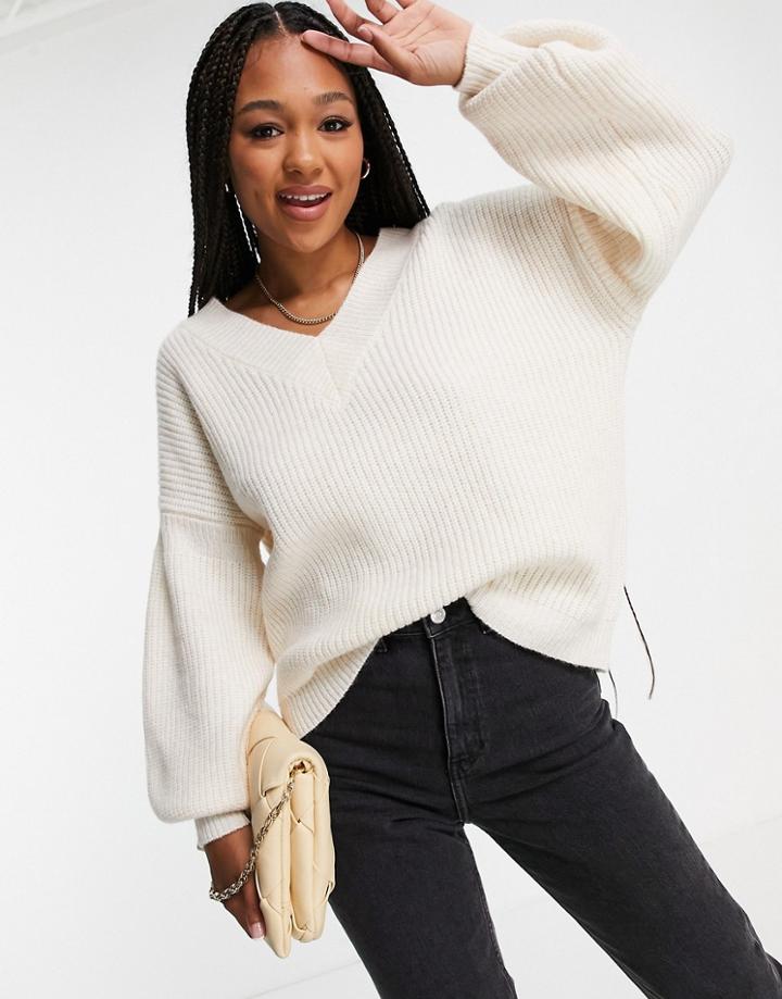 Asos Design V Neck Fluffy Sweater In Cream-white