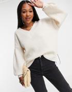 Asos Design V Neck Fluffy Sweater In Cream-white