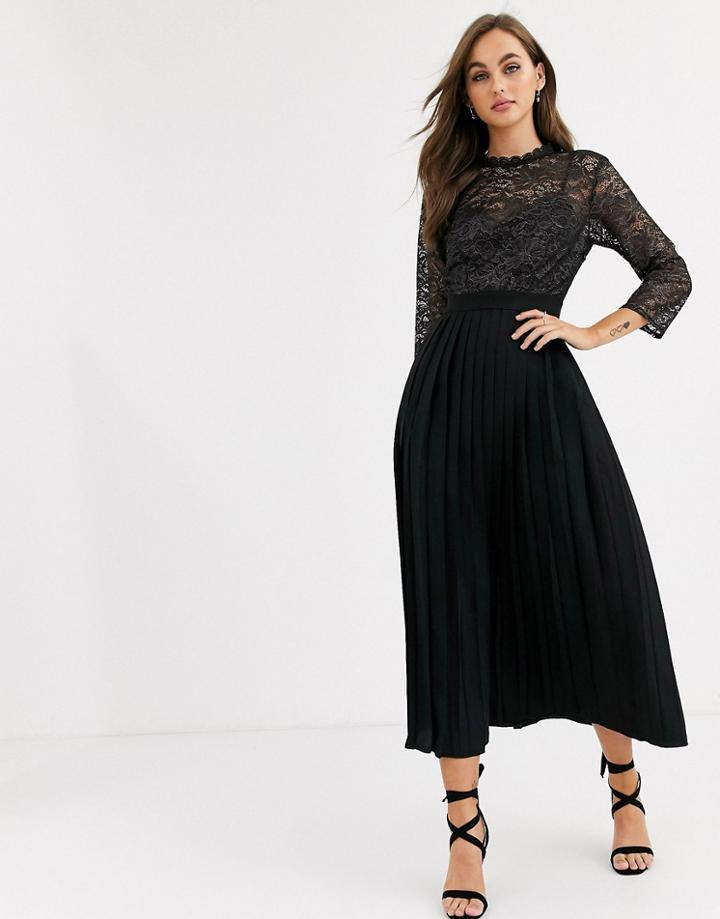 Little Mistress Pleated Midaxi Dress With Metallic Lace In Black