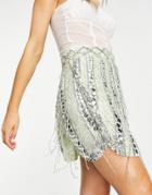Asos Design Mini Skirt With Shaped Hem & Beading In Sage-green