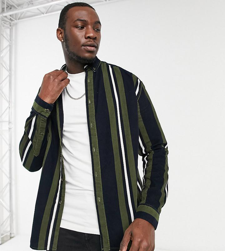 Asos Design Tall 90s Oversized Cord Stripe Shirt In Green And White