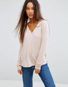 Asos V-neck Long Sleeve T-shirt In Linen Mix - Pink