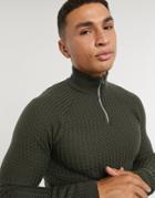 Asos Design Muscle Fit Basket Stitch Half Zip Sweater In Charcoal-grey