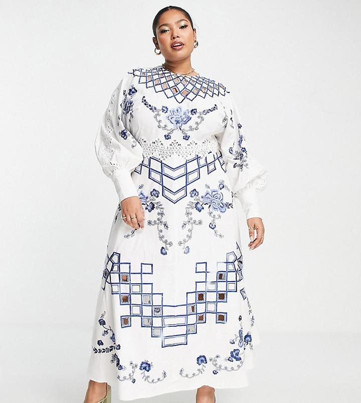 Asos Edition Curve Embroidered Midi Dress With Cutwork And Lace Trim-multi