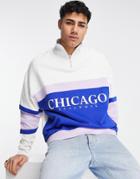 Asos Design Oversized Half Zip Sweatshirt With Color Block Chest Panel-white