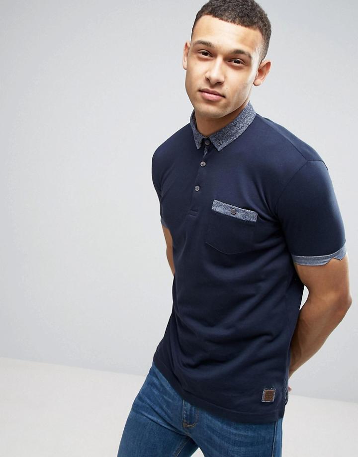 Brave Soul Contrast Print Collar Polo - Navy