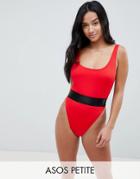 Asos Design Petite High Leg Elastic Waist Swimsuit - Red