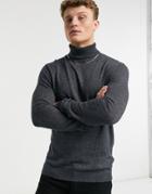 Topman Essential Roll Knitted Sweater In Charcoal Gray Heather-grey
