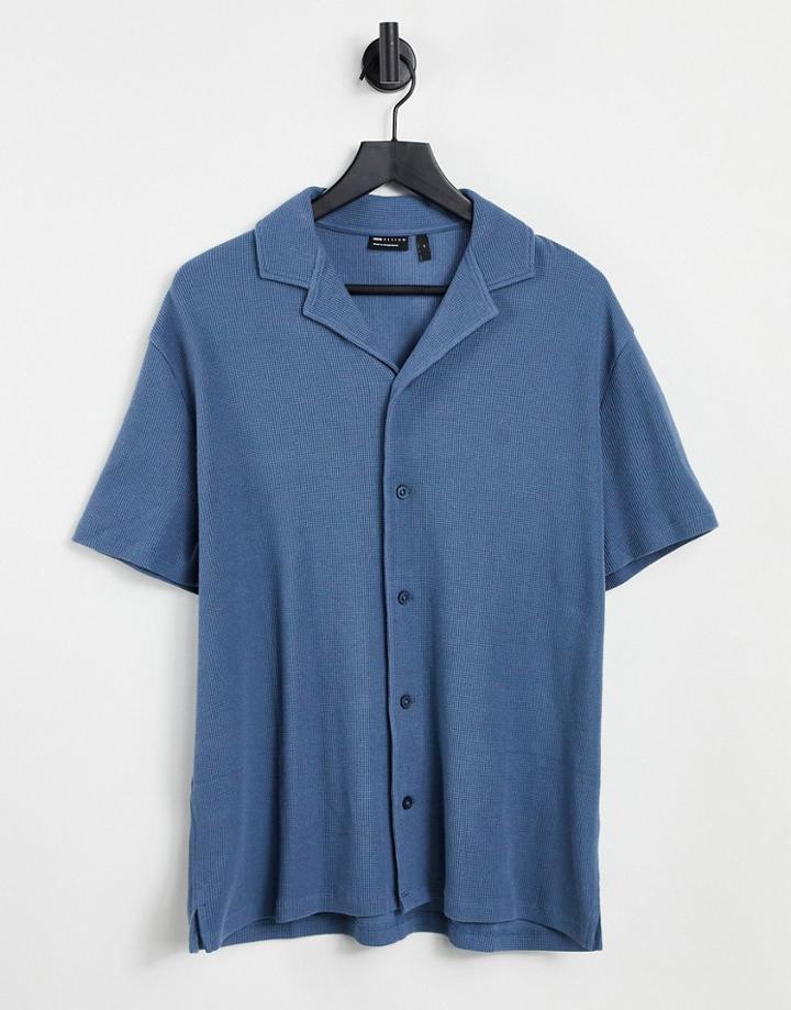 Asos Design Waffle Revere Polo In Blue