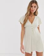 Pull & Bear V Neck Mini Dress In Beige - Beige