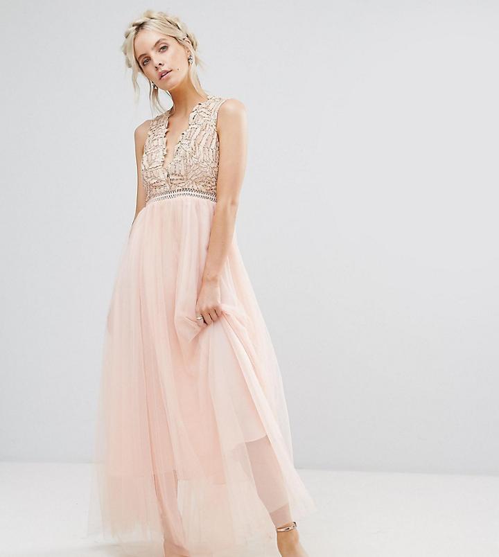 True Decadence Petite Premium Metallic Applique Top Maxi Dress With Tulle Skirt-pink