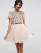 Asos Heavily Embellished Tulle Mini Prom Dress - Beige