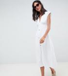 Asos Design Tall Midi Dress With Belt And Tortoiseshell Buttons - White