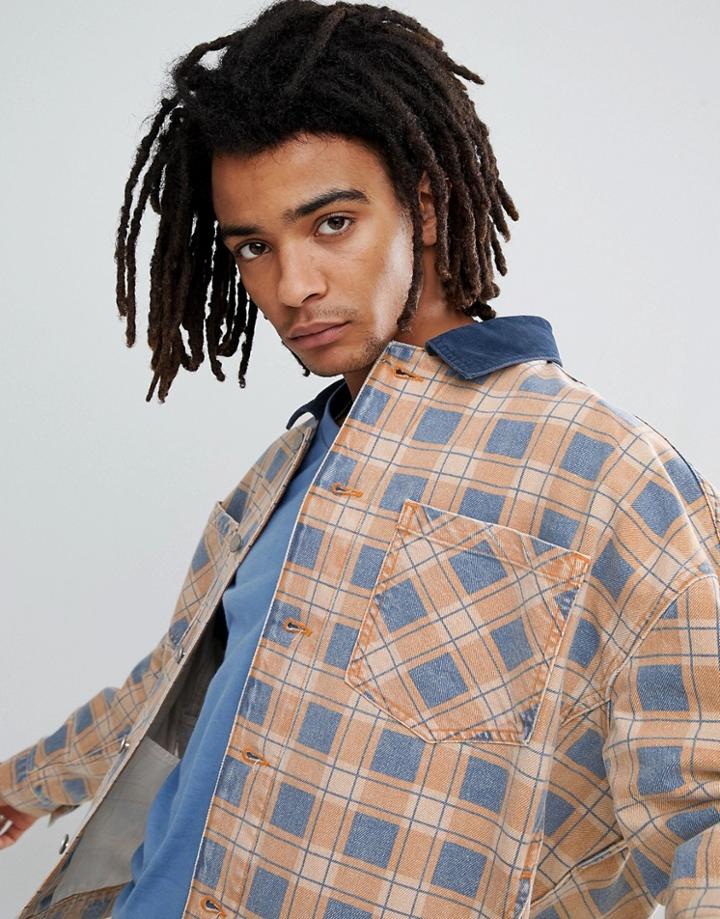 Asos Design Oversized Denim Jacket In Orange Check - Orange