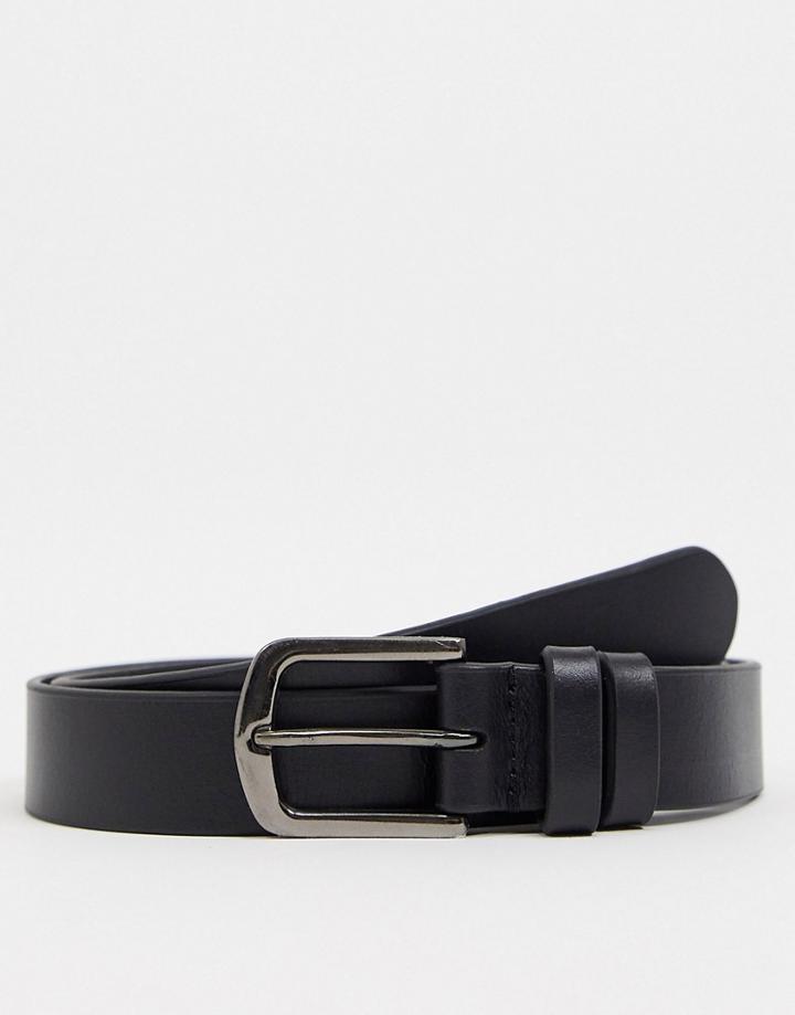 Asos Design Leather Skinny Belt With Gunmetal Buckle And Double Loop-black