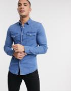 Asos Design Skinny Fit Western Denim Shirt In Mid Wash-blues