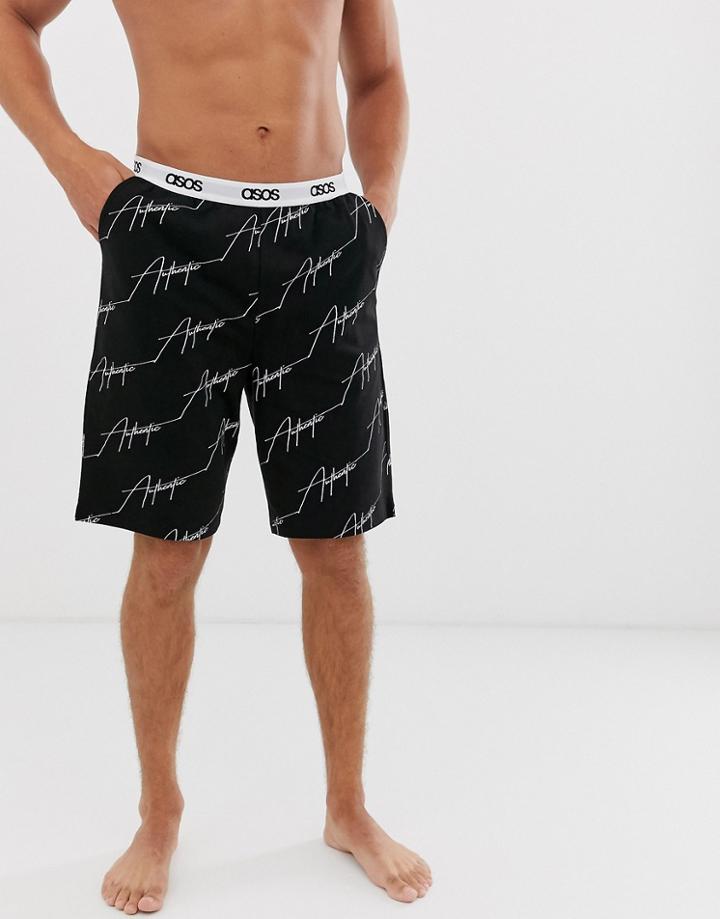 Asos Design Lounge Short With Authentic Slogan In Monochrome - Black