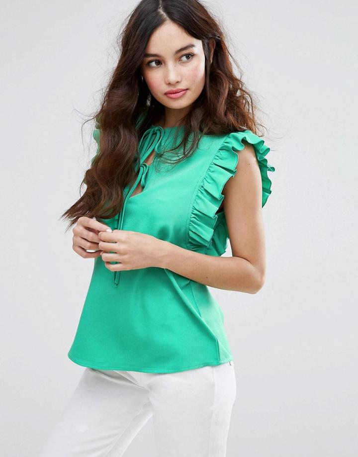 Fashion Union Sleeveless Top With Ruffle & Tie Detail - Green