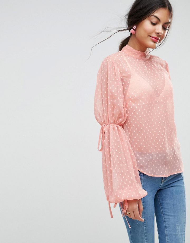 Asos Balloon Sleeve Blouse In Dobby - Pink