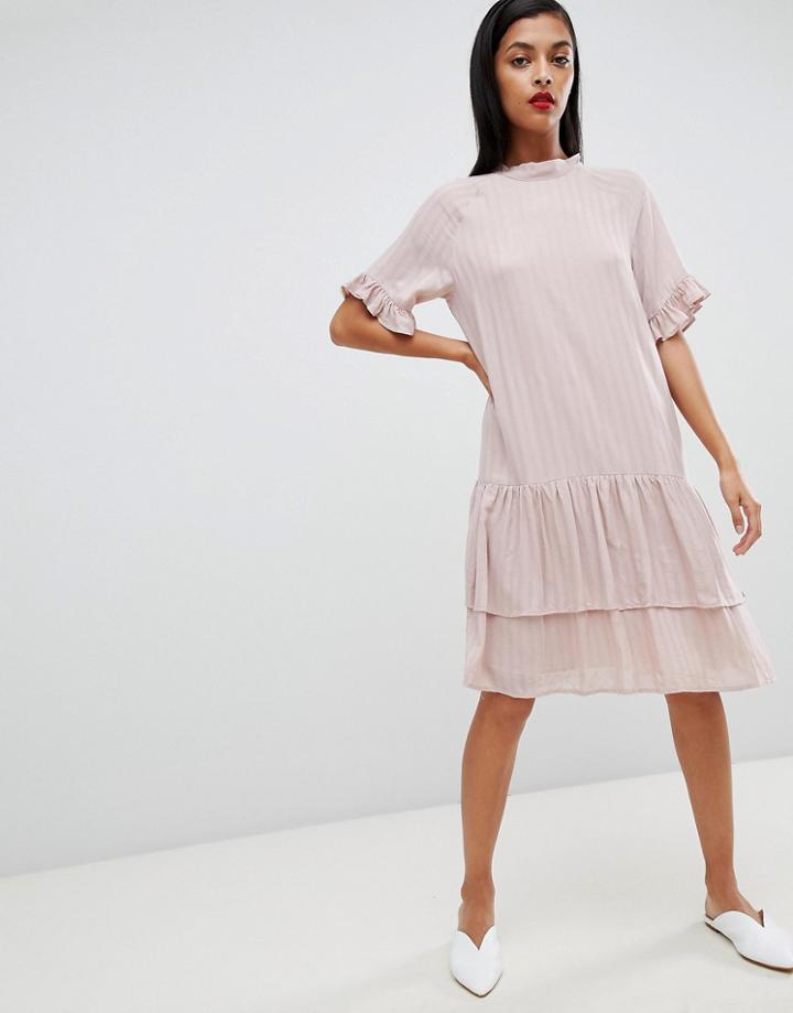Selected Femme High Neck Stripe Midi Dress In Pink