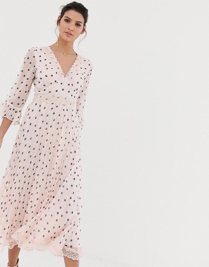 Asos Design Pleated Midi Dress With Lace Inserts In Polka Dot-multi