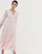 Asos Design Pleated Midi Dress With Lace Inserts In Polka Dot-multi