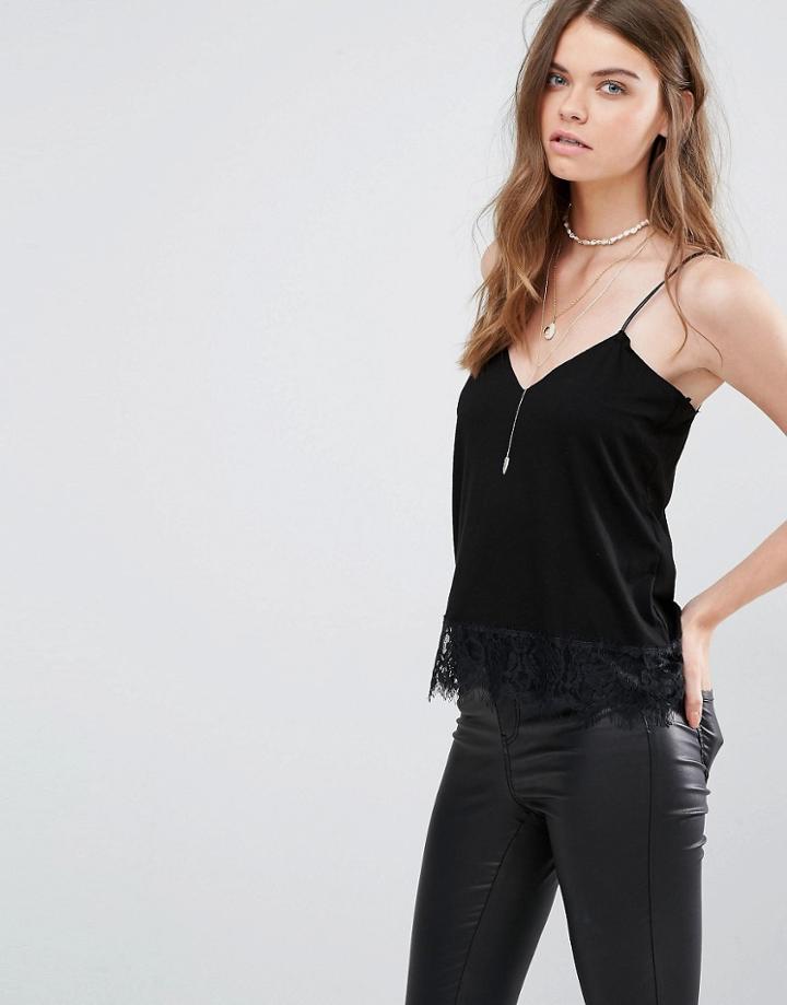 Pull & Bear Lace Trim Cami Top - Black