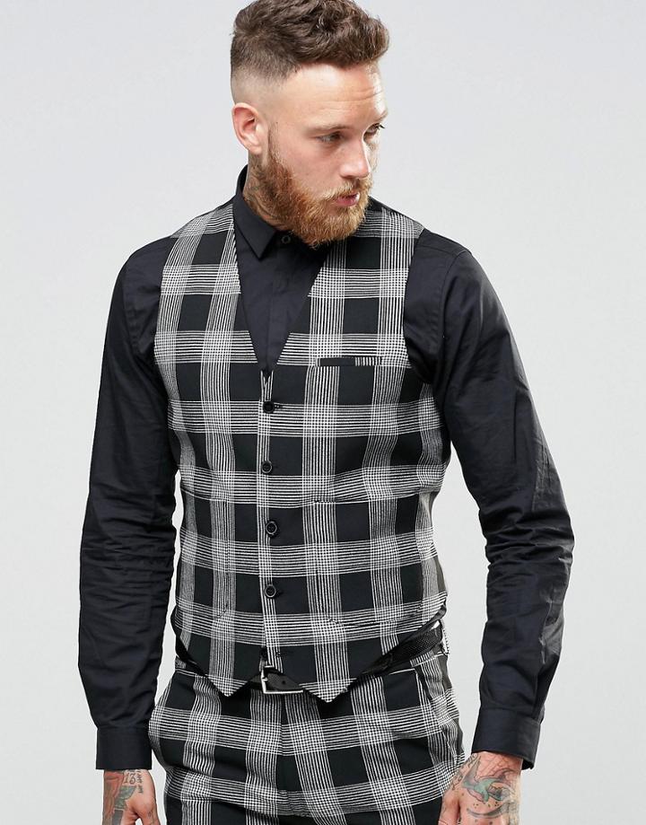 Asos Super Skinny Suit Vest In Plaid Check - Black