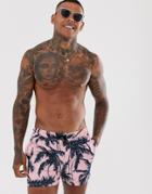 Asos Design Swim Shorts With Palm Tree Print In Short Length - Pink