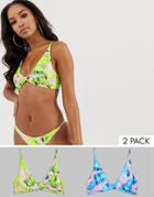 Asos Design Multi Pack Twist Front Crop Bikini Top In Lilac And Pink Neon Leaf Print