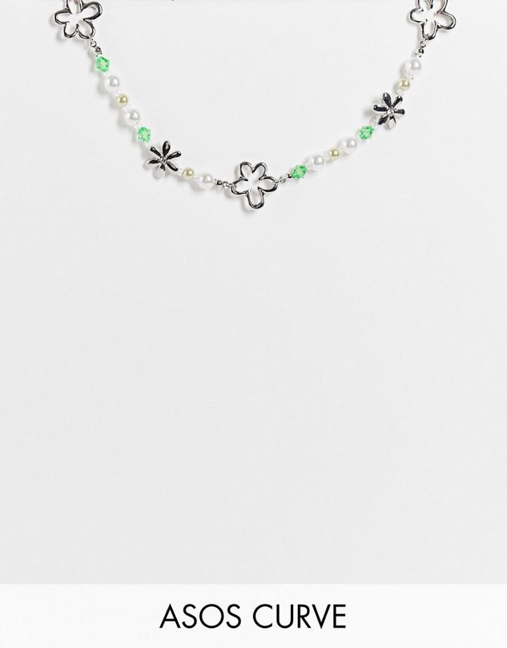 Asos Design Curve Beaded Faux Pearl Necklace Flower Charms In Silver Tone