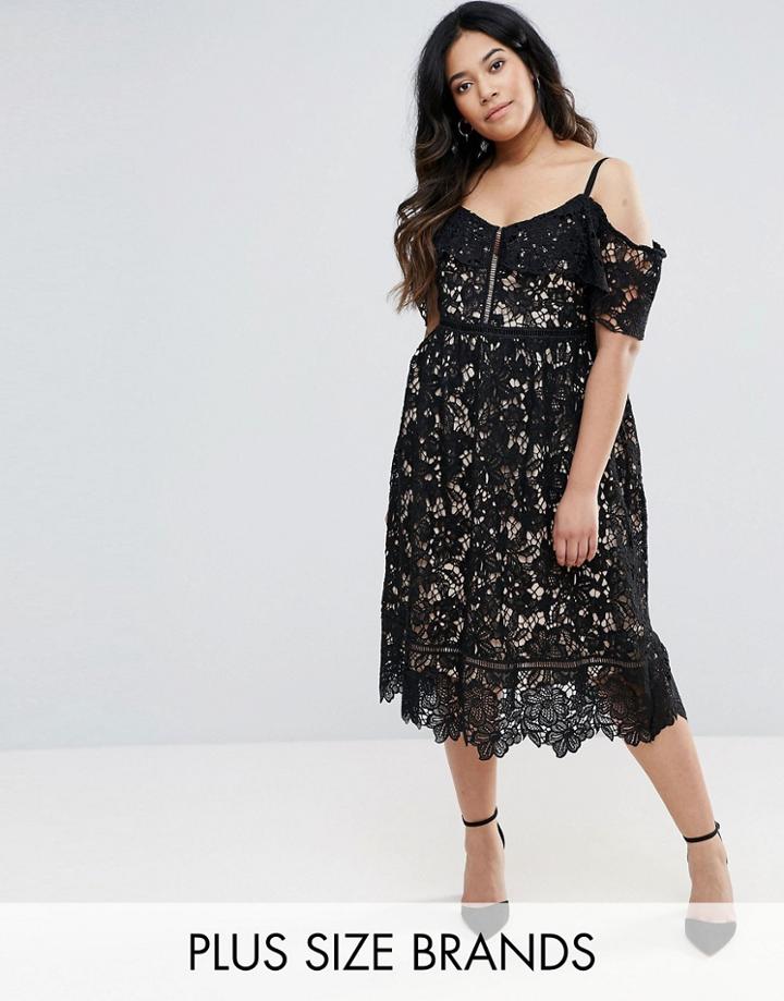 New Look Plus Cutwork Lace Cold Shoulder Midi Dress - Black