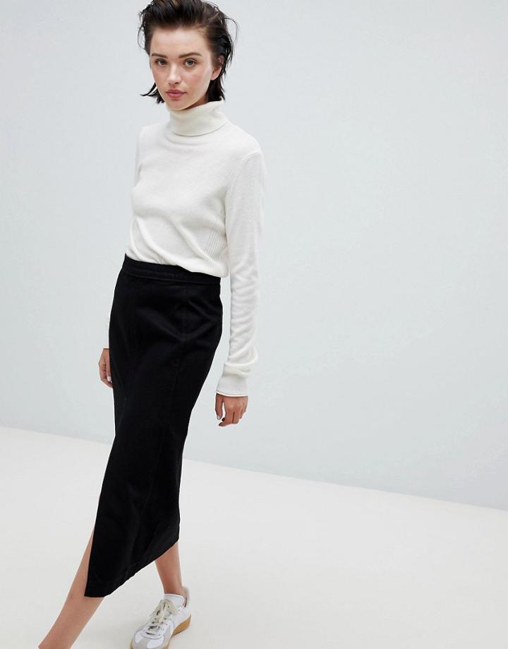 Weekday Front Split Denim Skirt In Black - Black