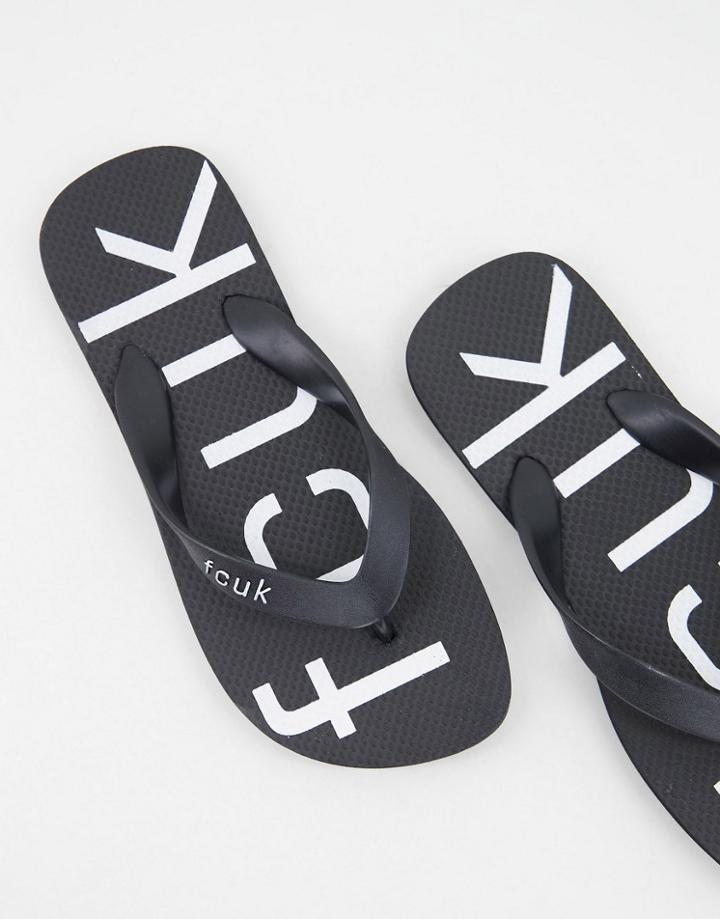 French Connection Fcuk Logo Flip Flops In Black And White