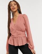 New Look Textured Ruched Front Blouse In Mid Pink