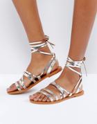 Pull & Bear Metallic Tie Up Leather Sandals - Silver