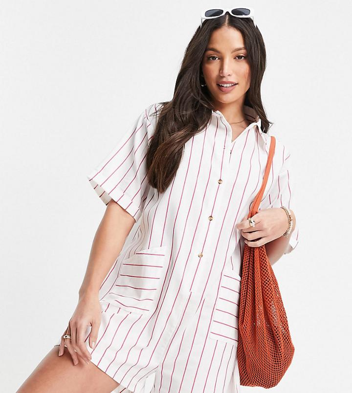 Asos Design Tall Utility Pocket Romper In White Red Stripe-multi