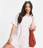 Asos Design Tall Utility Pocket Romper In White Red Stripe-multi