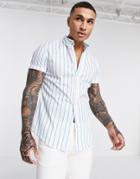 Asos Design Stretch Slim Button Down Shirt In Blue And White Stripes