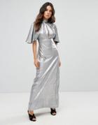 Liquorish Gun Metal Maxi Dress With Cut Out Front - Silver