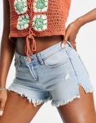 Miss Selfridge Low Rise Slit Side Shorts In Bleach Wash-blue