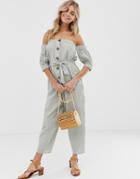 Asos Design Off Shoulder Button Front Jumpsuit With Tie Waist - Beige