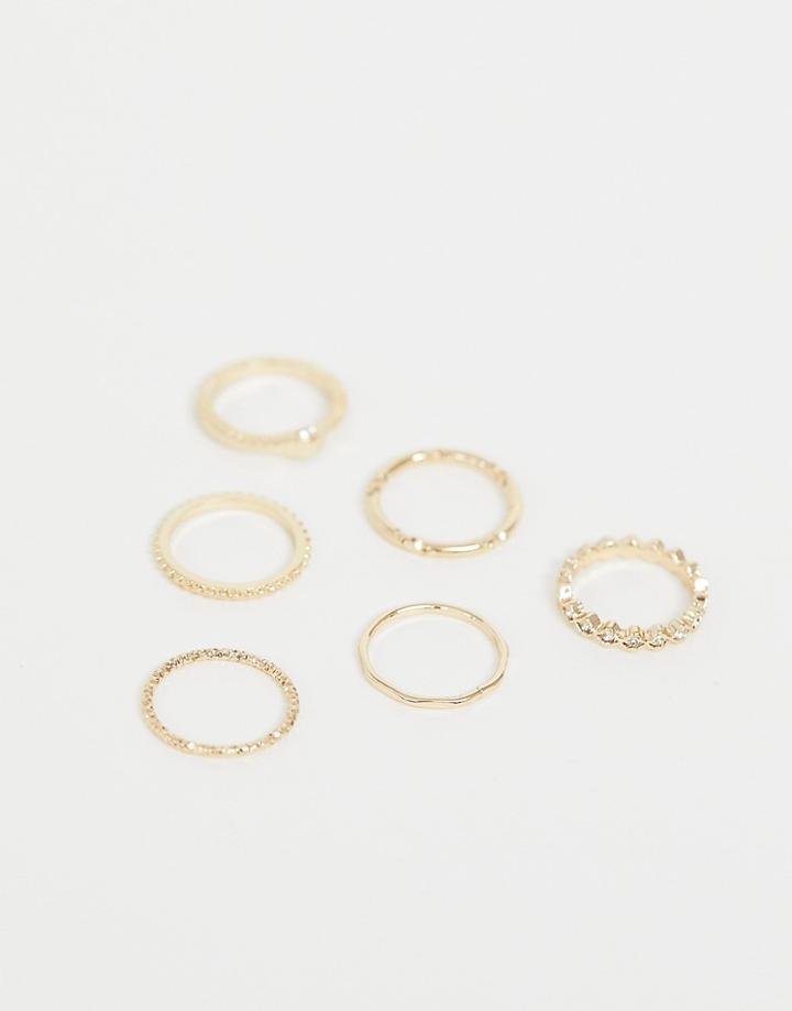 Asos Design Pack Of 6 Rings In Diamond Shape And Engraved Design With Crystals In Gold - Gold