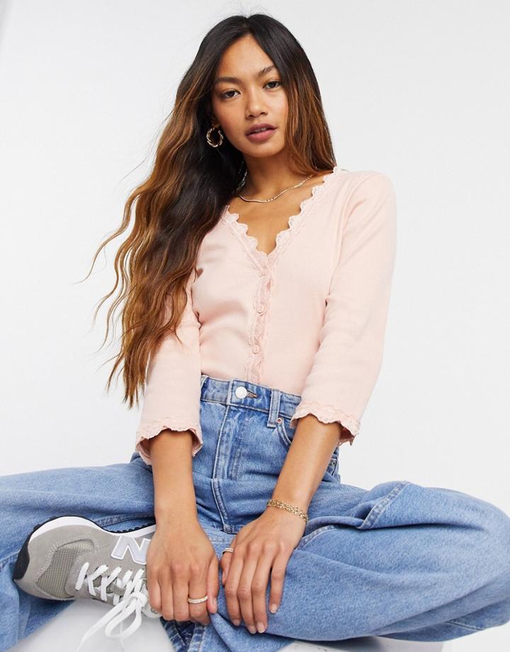 River Island Lace Trim Cardigan In Pink