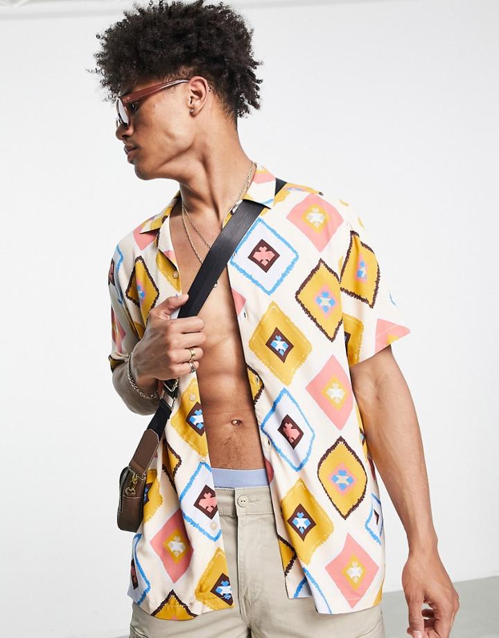 Asos Design Relaxed Revere Shirt In Diamond Print-neutral
