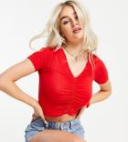 Asos Design Petite V-neck Crop Top With Ruched Front In Red